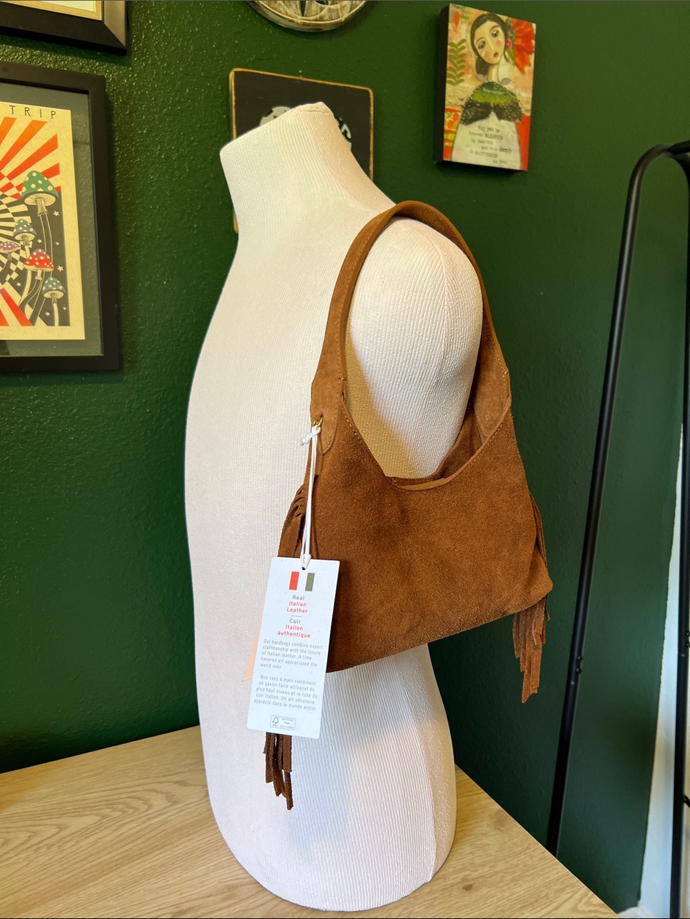 Isadora Italy Brown Suede Leather Fringe Shoulder Bag NWT